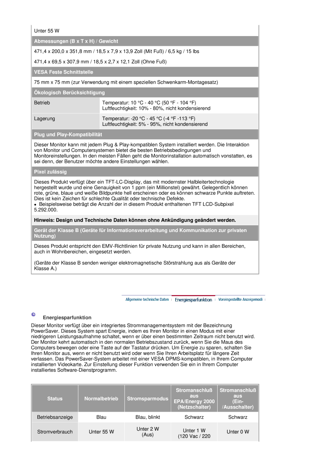 Samsung LS20HAWCSZ/EDC, LS20HAWCSQ/EDC manual Stromanschluß, Aus, EPA/Energy Ein 