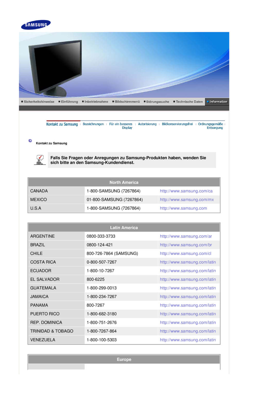 Samsung LS20HAWCSQ/EDC, LS20HAWCSZ/EDC manual North America, Latin America, Europe 