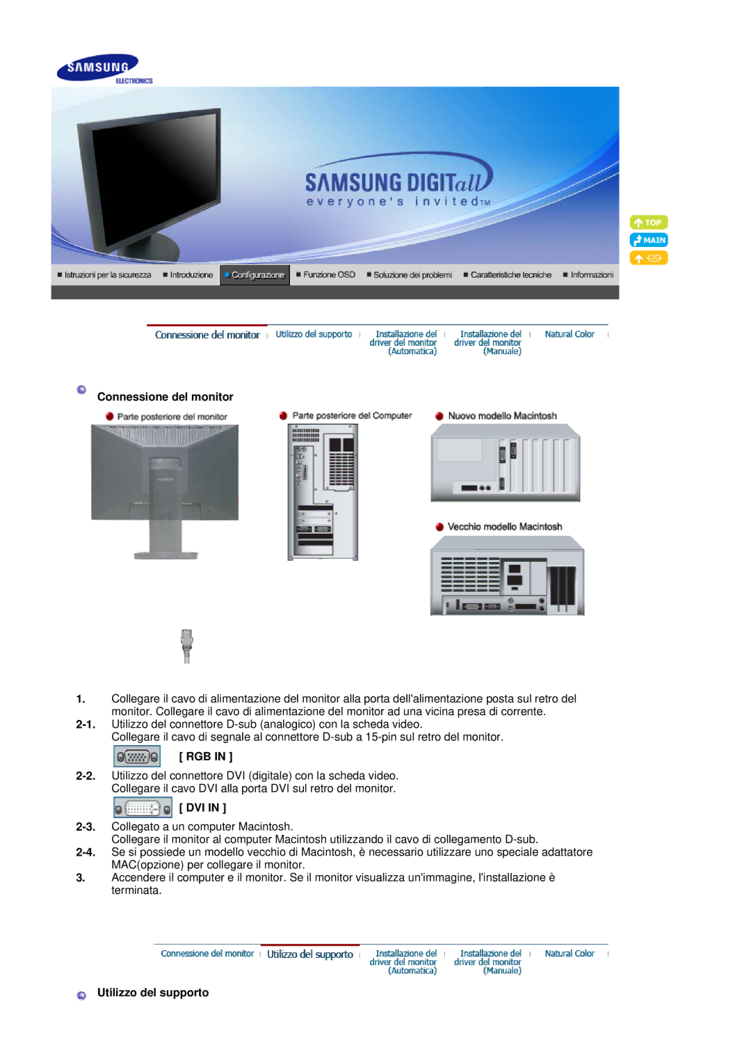 Samsung LS20HAWCSQ/EDC, LS20HAWCSZ/EDC manual Connessione del monitor, Rgb, Dvi, Utilizzo del supporto 