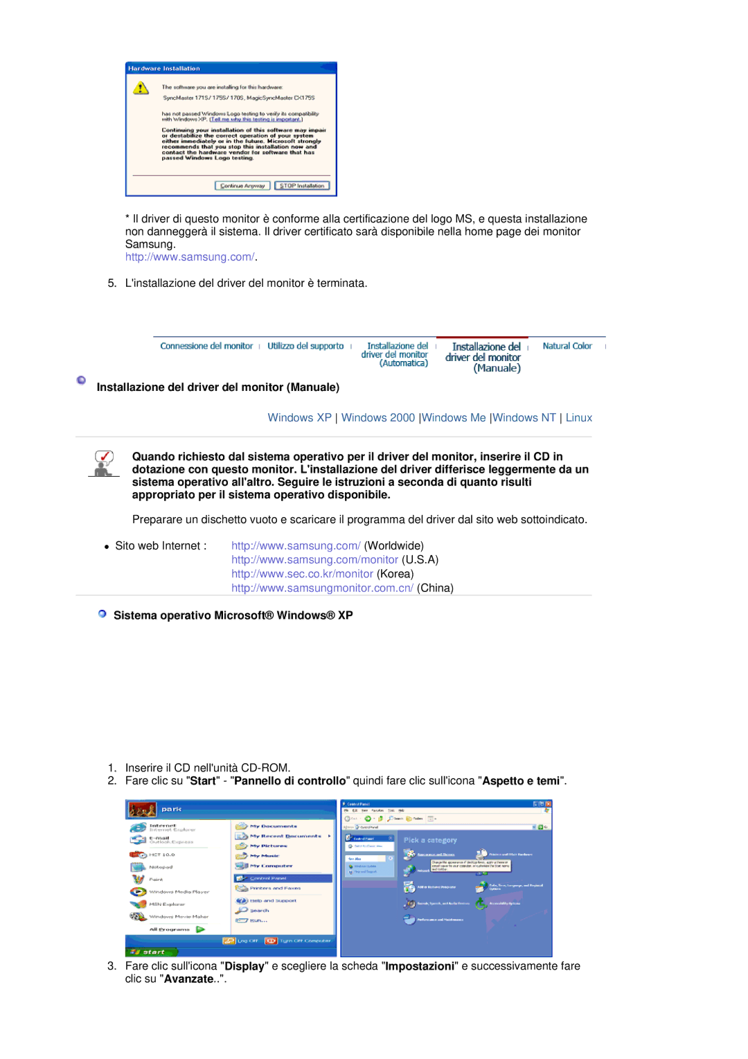 Samsung LS20HAWCSZ/EDC manual Installazione del driver del monitor Manuale, Sistema operativo Microsoft Windows XP 