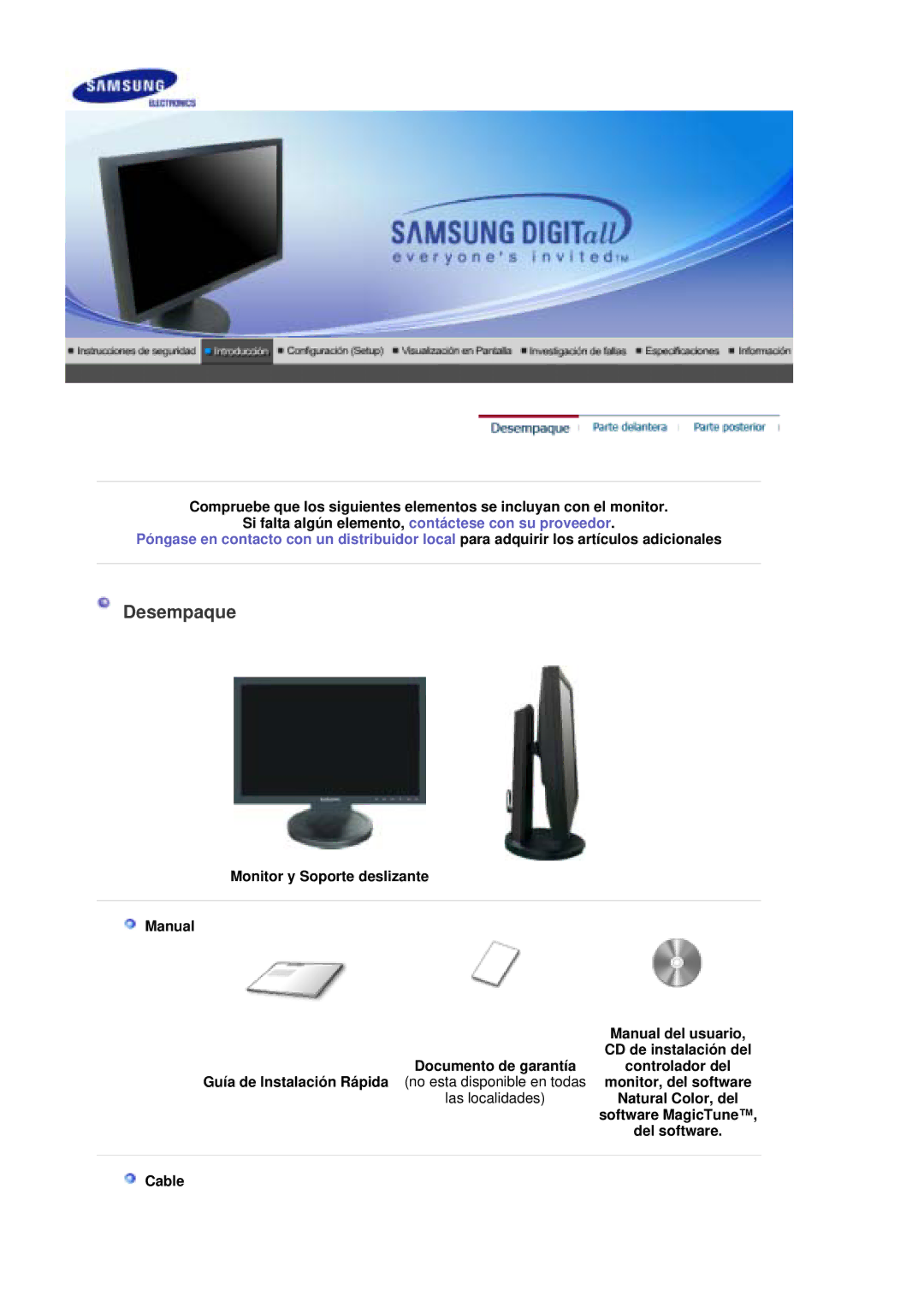 Samsung LS20HAWCSQ/EDC, LS20HAWCSZ/EDC manual Desempaque, Natural Color, del, Software MagicTune, Del software, Cable 