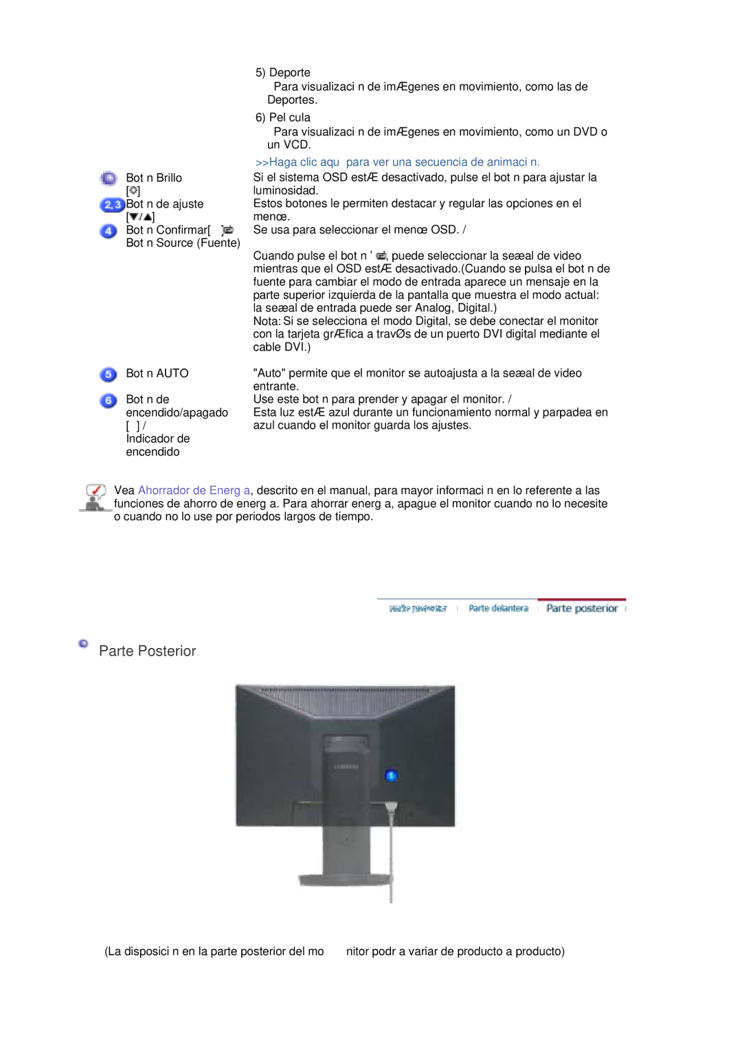 Samsung LS20HAWCSQ/EDC, LS20HAWCSZ/EDC manual Parte Posterior 