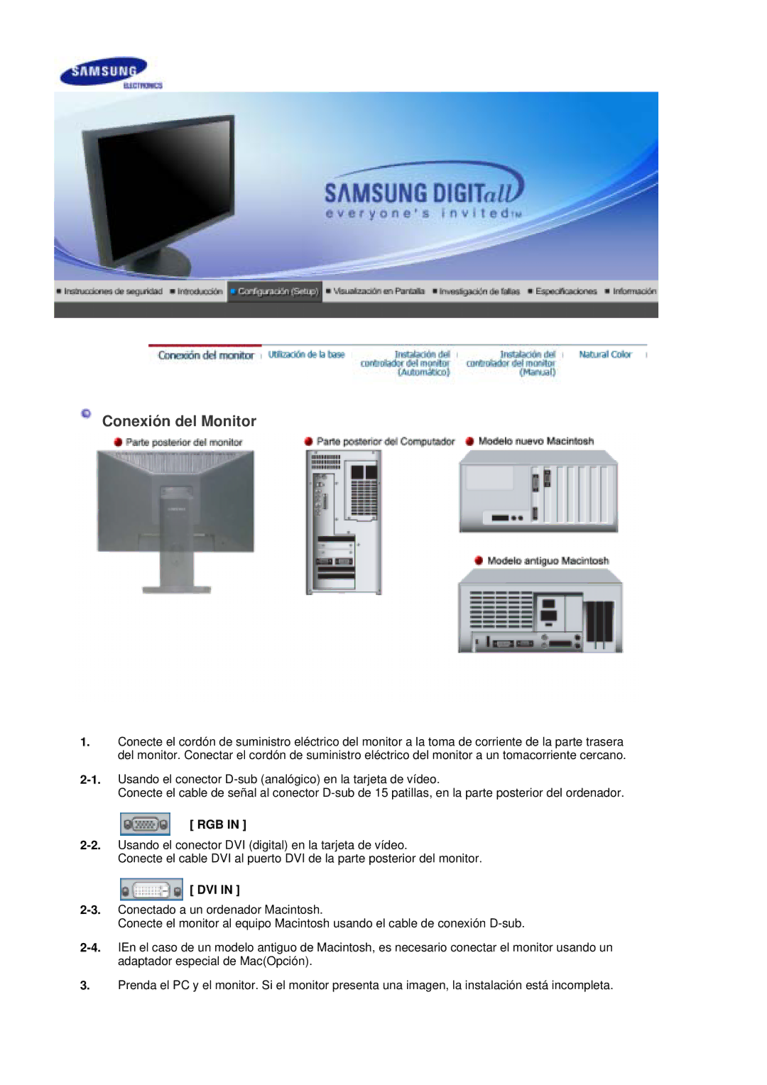 Samsung LS20HAWCSQ/EDC, LS20HAWCSZ/EDC manual Conexión del Monitor, Rgb, Dvi 