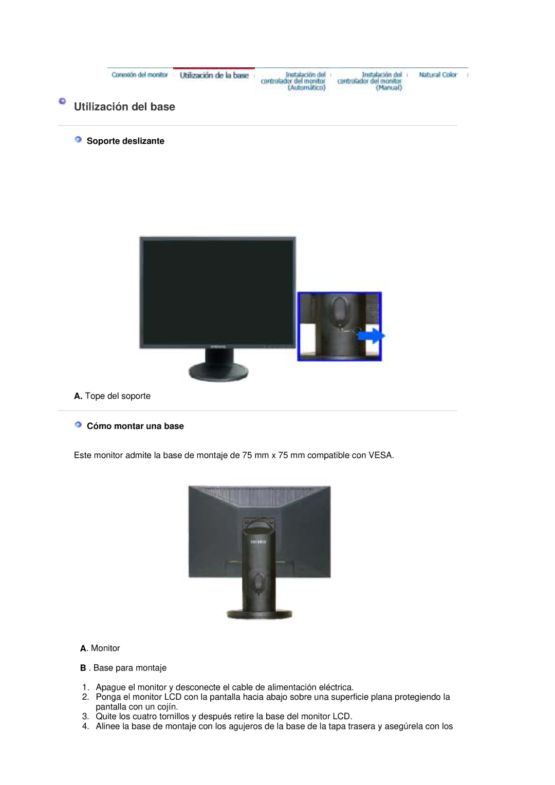 Samsung LS20HAWCSZ/EDC, LS20HAWCSQ/EDC manual Utilización del base, Soporte deslizante, Cómo montar una base 