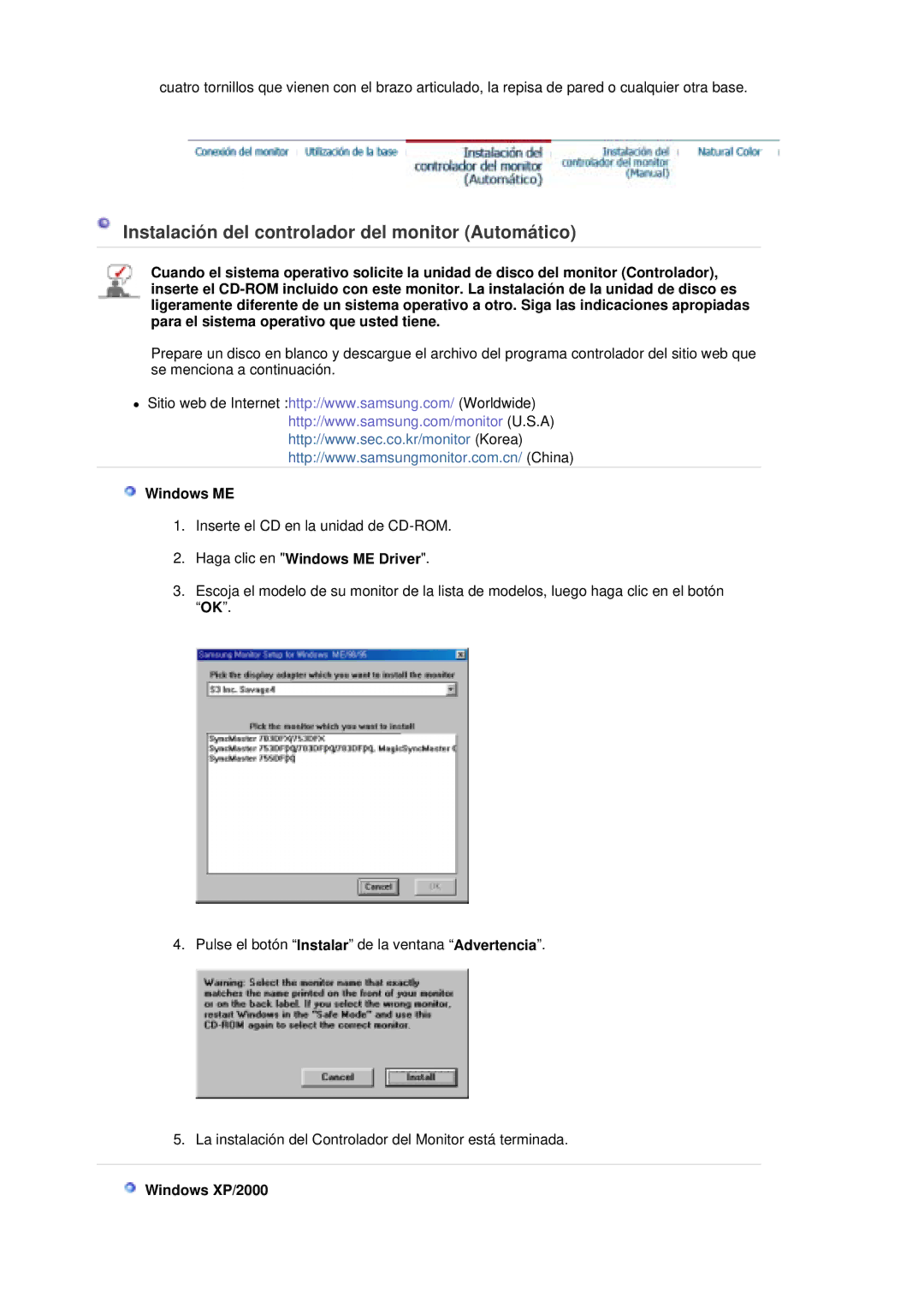 Samsung LS20HAWCSQ/EDC manual Instalación del controlador del monitor Automático, Haga clic en Windows ME Driver 