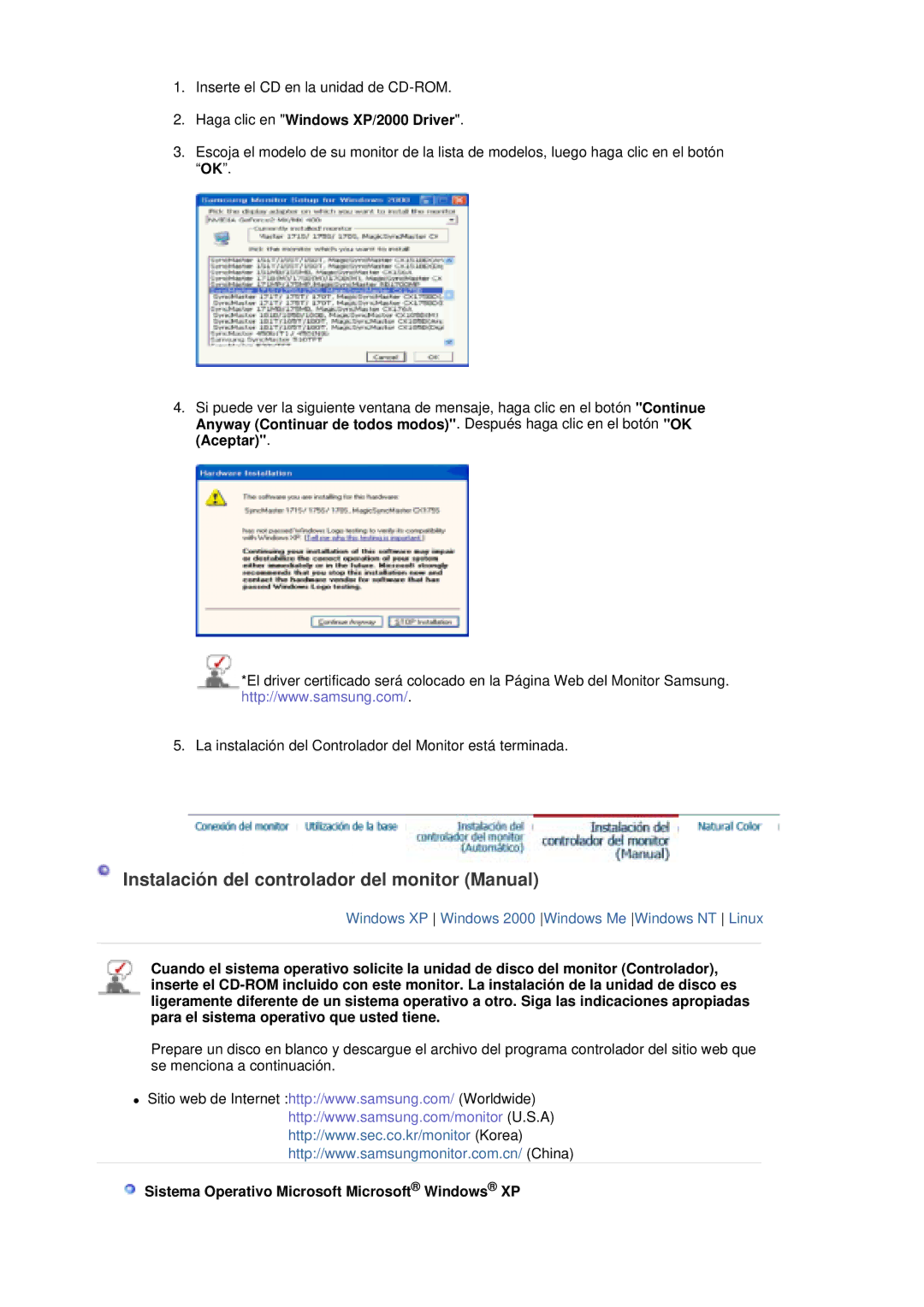 Samsung LS20HAWCSZ/EDC, LS20HAWCSQ/EDC Instalación del controlador del monitor Manual, Haga clic en Windows XP/2000 Driver 