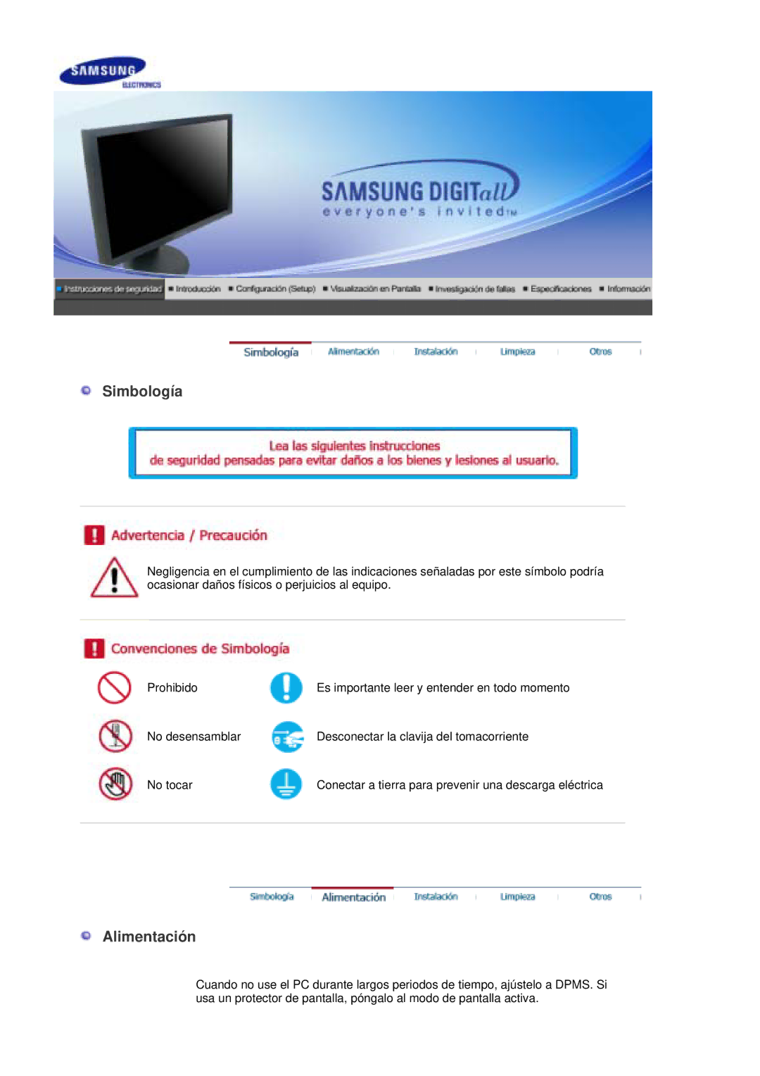 Samsung LS20HAWCSQ/EDC, LS20HAWCSZ/EDC manual Simbología, Alimentación 