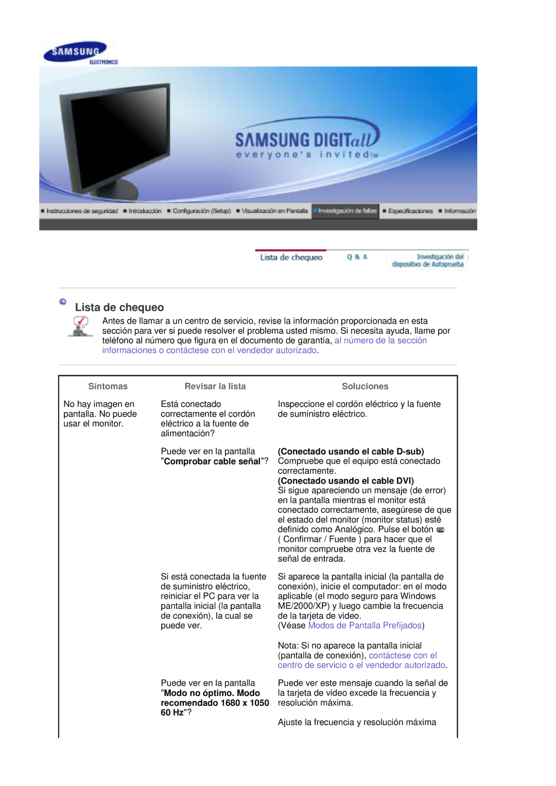 Samsung LS20HAWCSZ/EDC manual Lista de chequeo, Síntomas, Revisar la lista Soluciones, Conectado usando el cable D-sub 