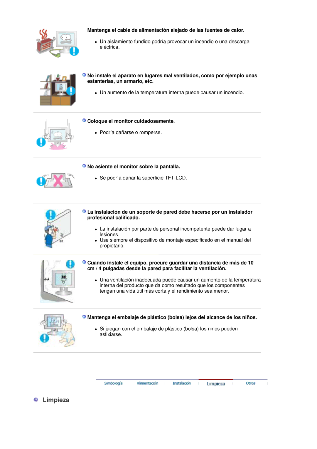 Samsung LS20HAWCSZ/EDC manual Limpieza, Coloque el monitor cuidadosamente, No asiente el monitor sobre la pantalla 