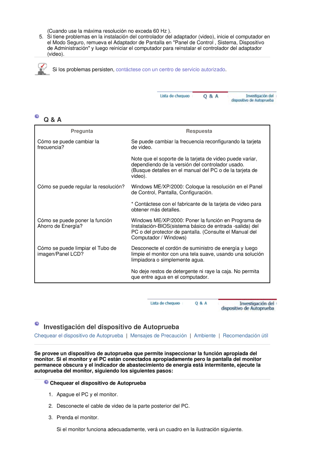 Samsung LS20HAWCSQ/EDC, LS20HAWCSZ/EDC manual Investigación del dispositivo de Autoprueba, Pregunta Respuesta 