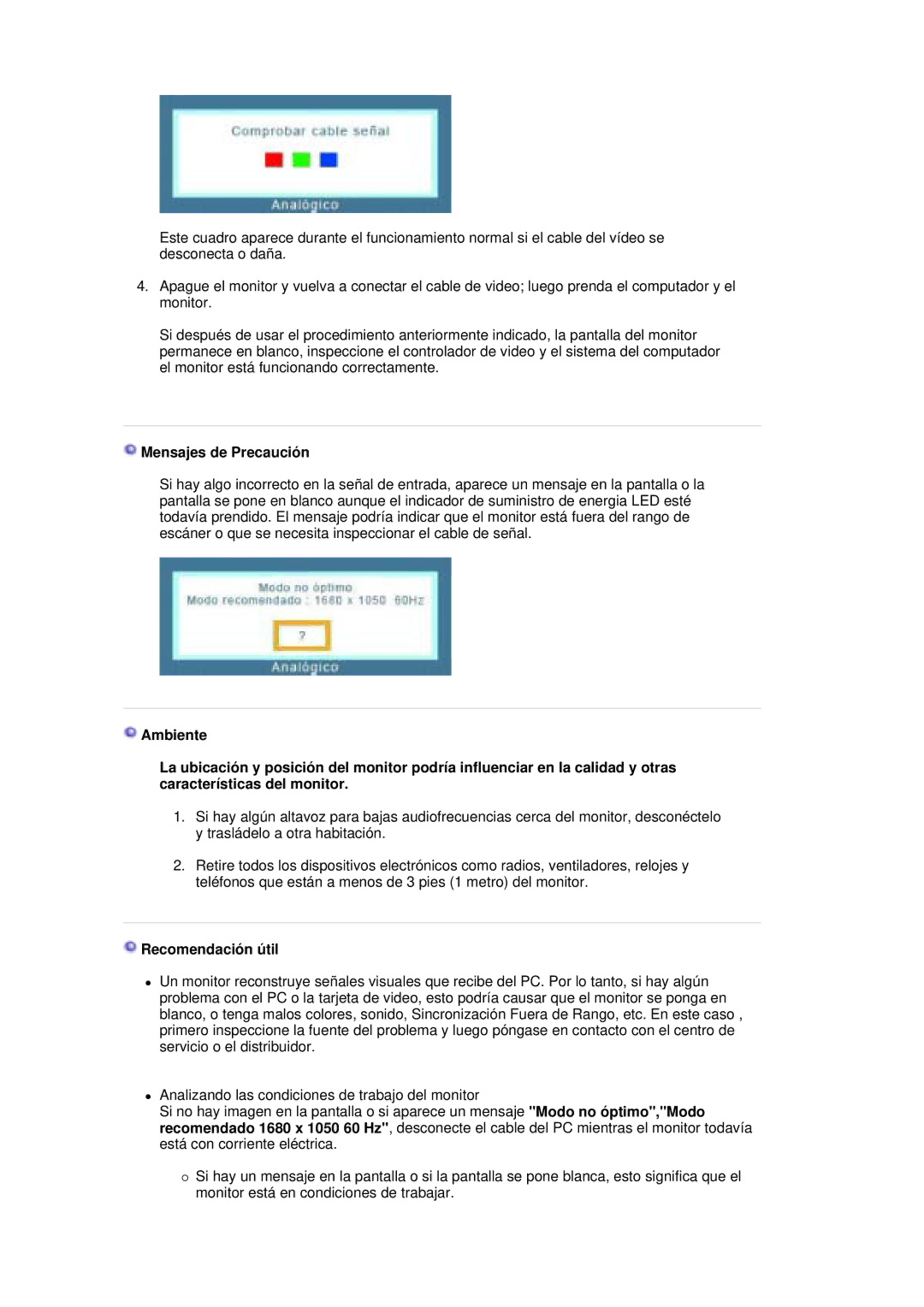 Samsung LS20HAWCSZ/EDC, LS20HAWCSQ/EDC manual Mensajes de Precaución, Recomendación útil 