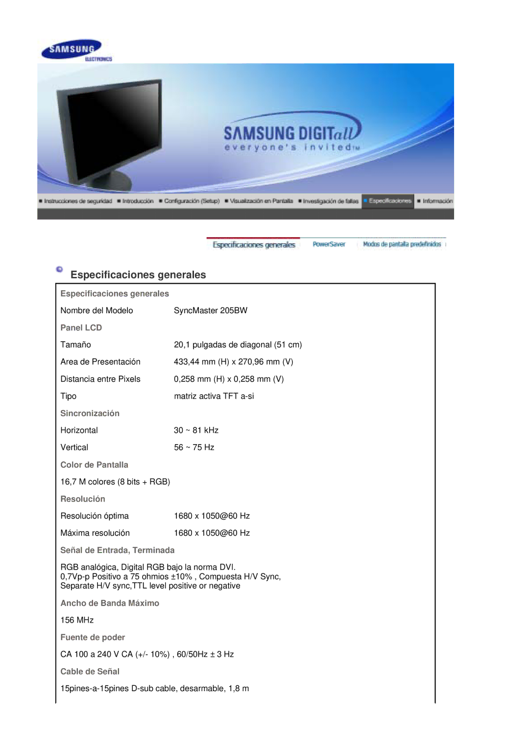 Samsung LS20HAWCSZ/EDC, LS20HAWCSQ/EDC manual Especificaciones generales 