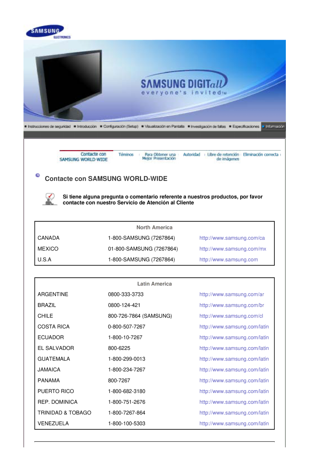 Samsung LS20HAWCSZ/EDC, LS20HAWCSQ/EDC manual Contacte con Samsung WORLD-WIDE, North America, Latin America 