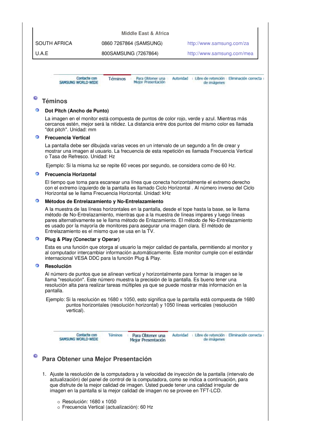 Samsung LS20HAWCSZ/EDC, LS20HAWCSQ/EDC manual Téminos, Para Obtener una Mejor Presentación, Middle East & Africa 