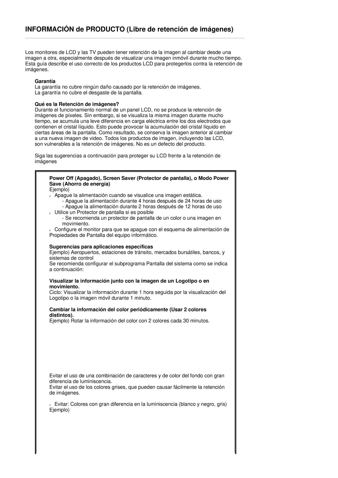 Samsung LS20HAWCSQ/EDC manual Garantía, Qué es la Retención de imágenes?, Sugerencias para aplicaciones específicas 