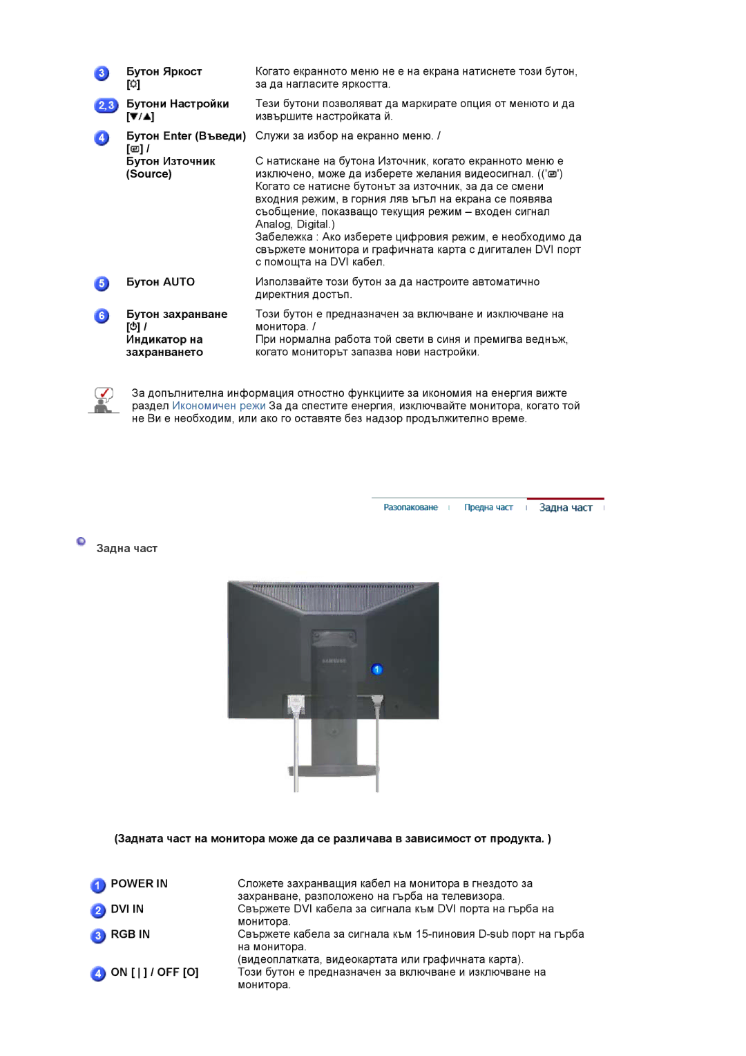 Samsung LS20HAWCSQ/EDC, LS20HAWCSZ/EDC manual Задна част 