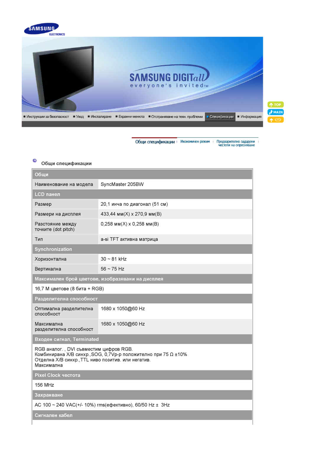 Samsung LS20HAWCSZ/EDC Общи, LCD панел, Synchronization, Максимален брой цветове, изобразявани на дисплея, Захранване 