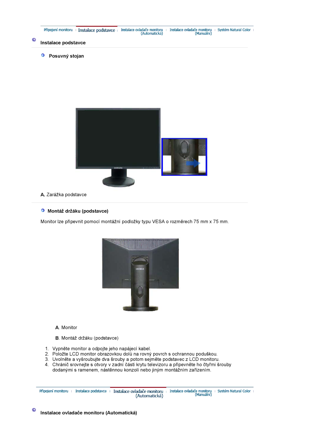 Samsung LS20HAWCSZ/EDC, LS20HAWCSQ/EDC manual Instalace podstavce Posuvný stojan, Montáž držáku podstavce 