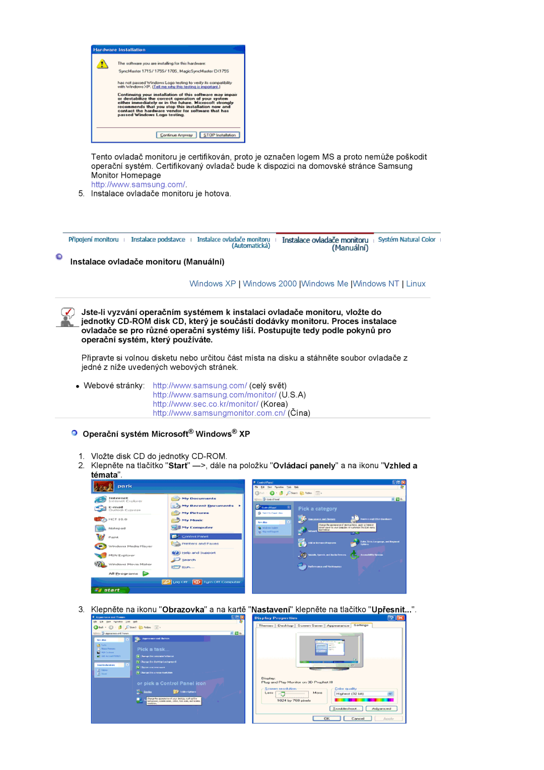 Samsung LS20HAWCSZ/EDC, LS20HAWCSQ/EDC manual Instalace ovladače monitoru Manuální, Operační systém Microsoft Windows XP 