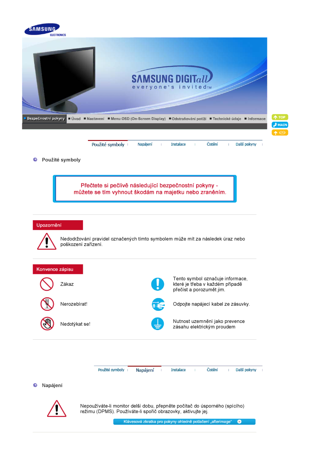 Samsung LS20HAWCSQ/EDC, LS20HAWCSZ/EDC manual Použité symboly, Napájení 