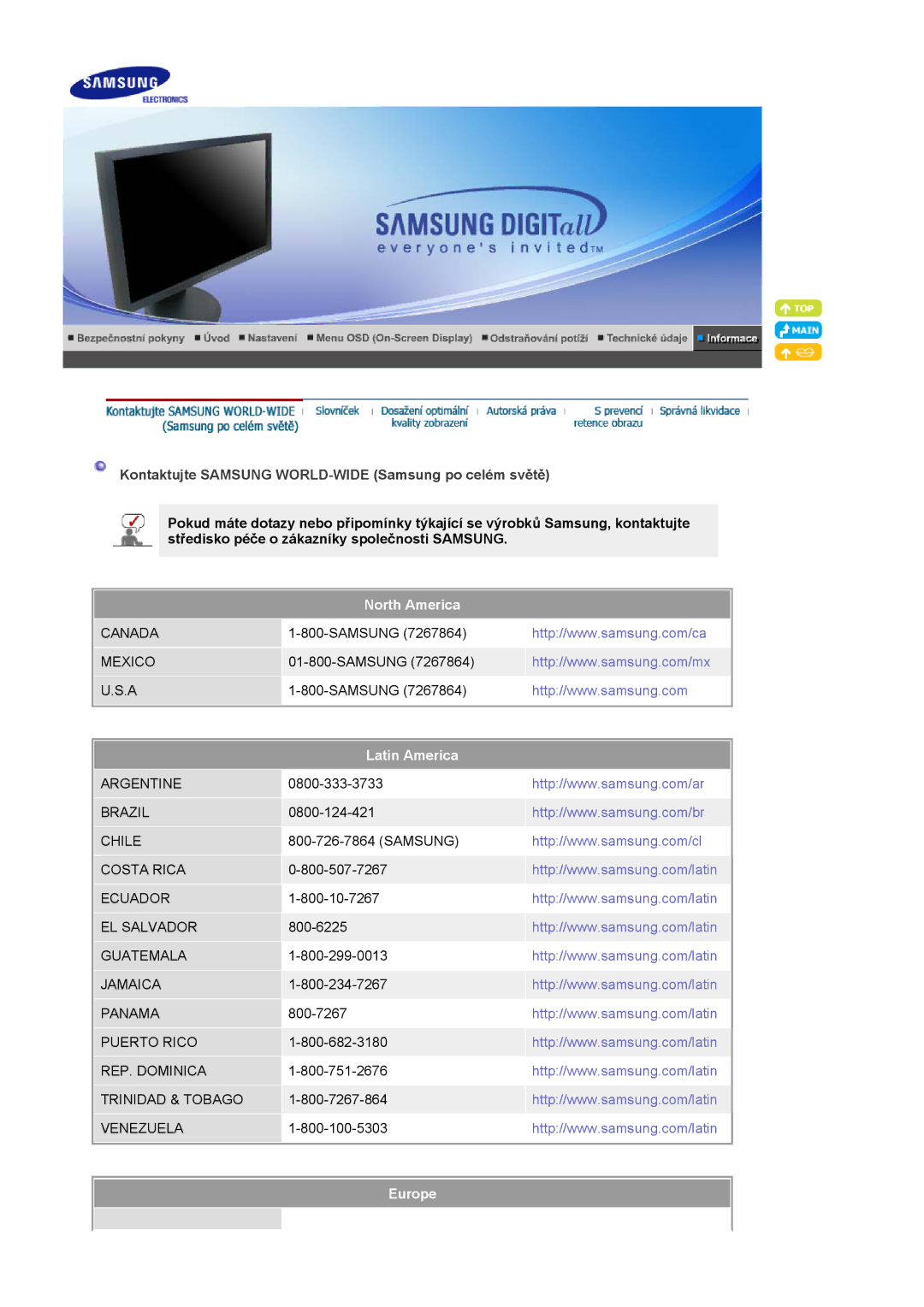 Samsung LS20HAWCSQ/EDC manual Kontaktujte Samsung WORLD-WIDE Samsung po celém světě, North America, Latin America, Europe 