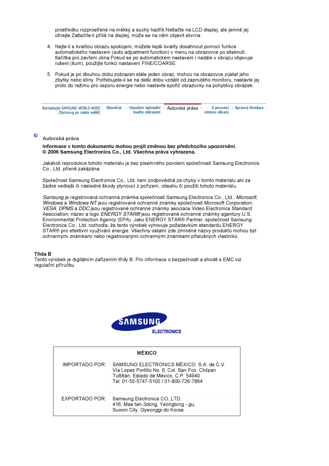 Samsung LS20HAWCSZ/EDC, LS20HAWCSQ/EDC manual Autorská práva, Třída B 