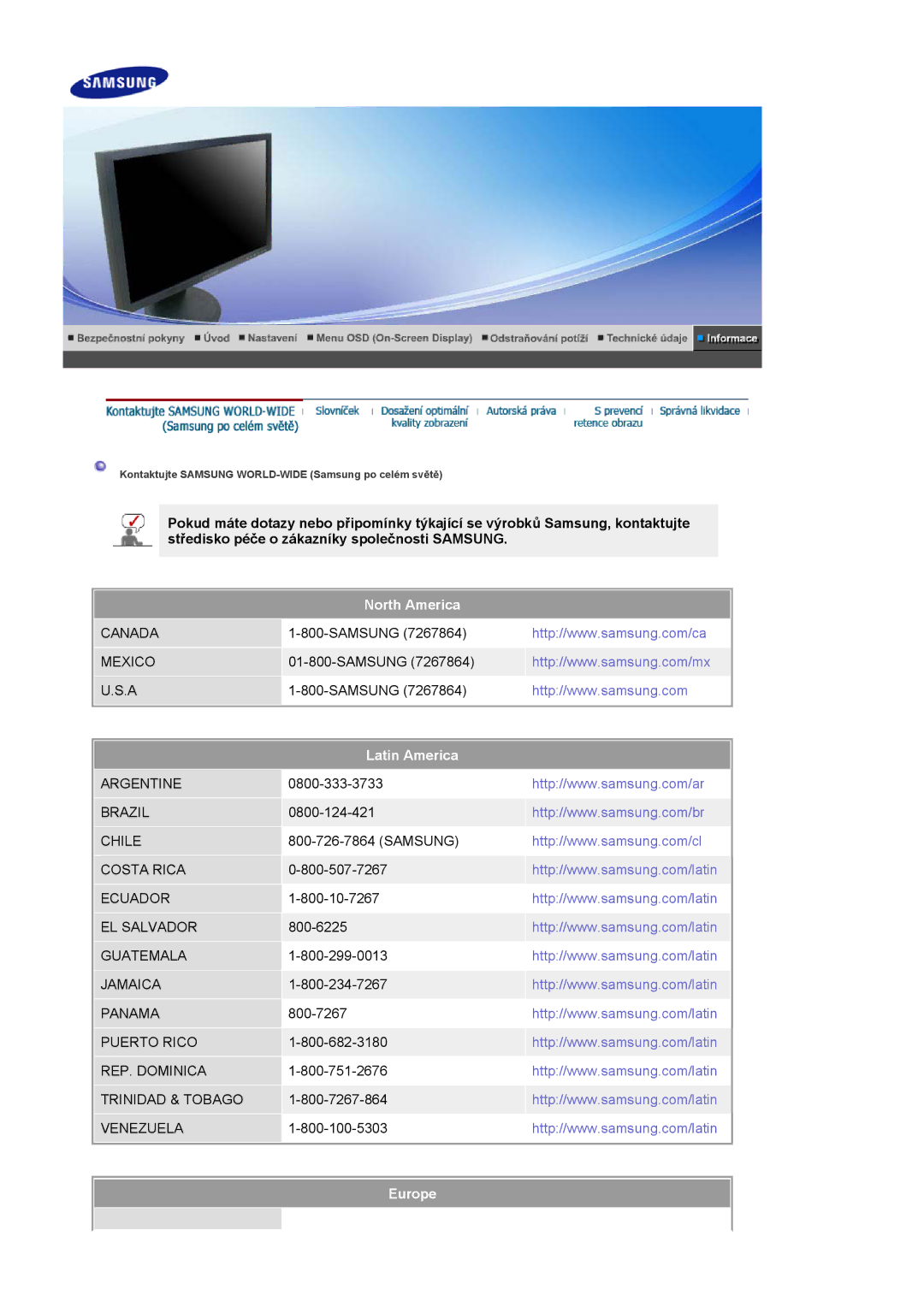 Samsung LS20HAWCSZ/EDC, LS20HAWCSQ/EDC manual North America, Latin America, Europe 