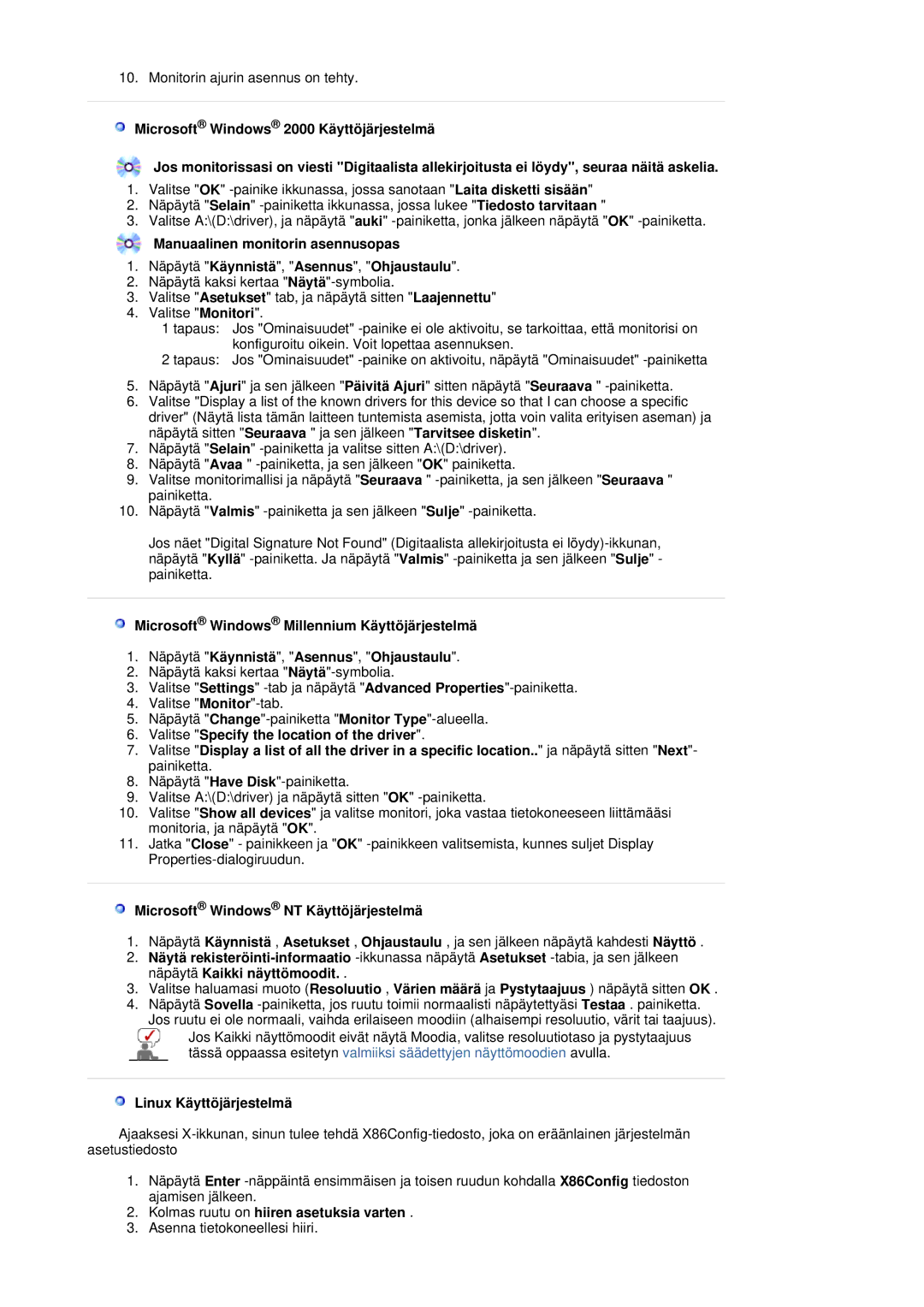 Samsung LS20HAWCSQ/EDC, LS20HAWCSZ/EDC manual Microsoft Windows NT Käyttöjärjestelmä, Linux Käyttöjärjestelmä 