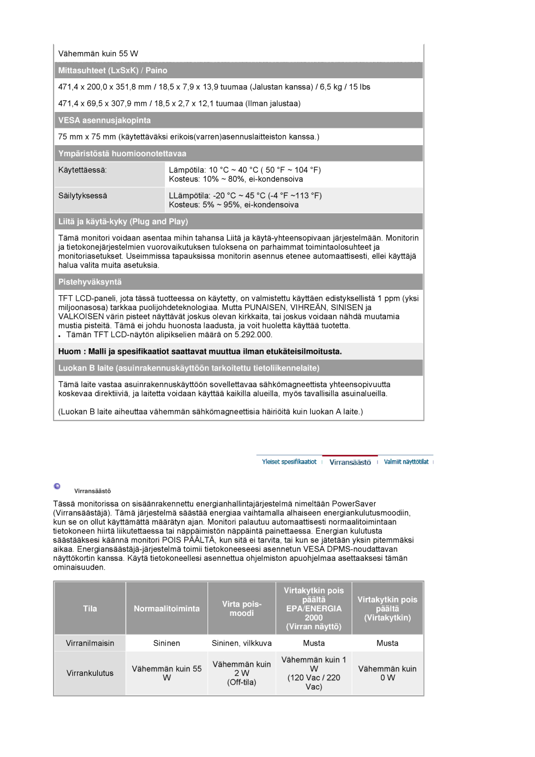 Samsung LS20HAWCSQ/EDC Mittasuhteet LxSxK / Paino, Vesa asennusjakopinta, Ympäristöstä huomioonotettavaa, Pistehyväksyntä 