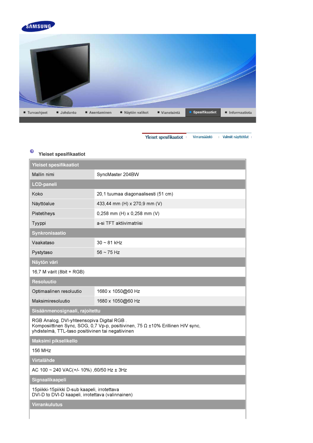 Samsung LS20HAWCSZ/EDC, LS20HAWCSQ/EDC manual Yleiset spesifikaatiot 