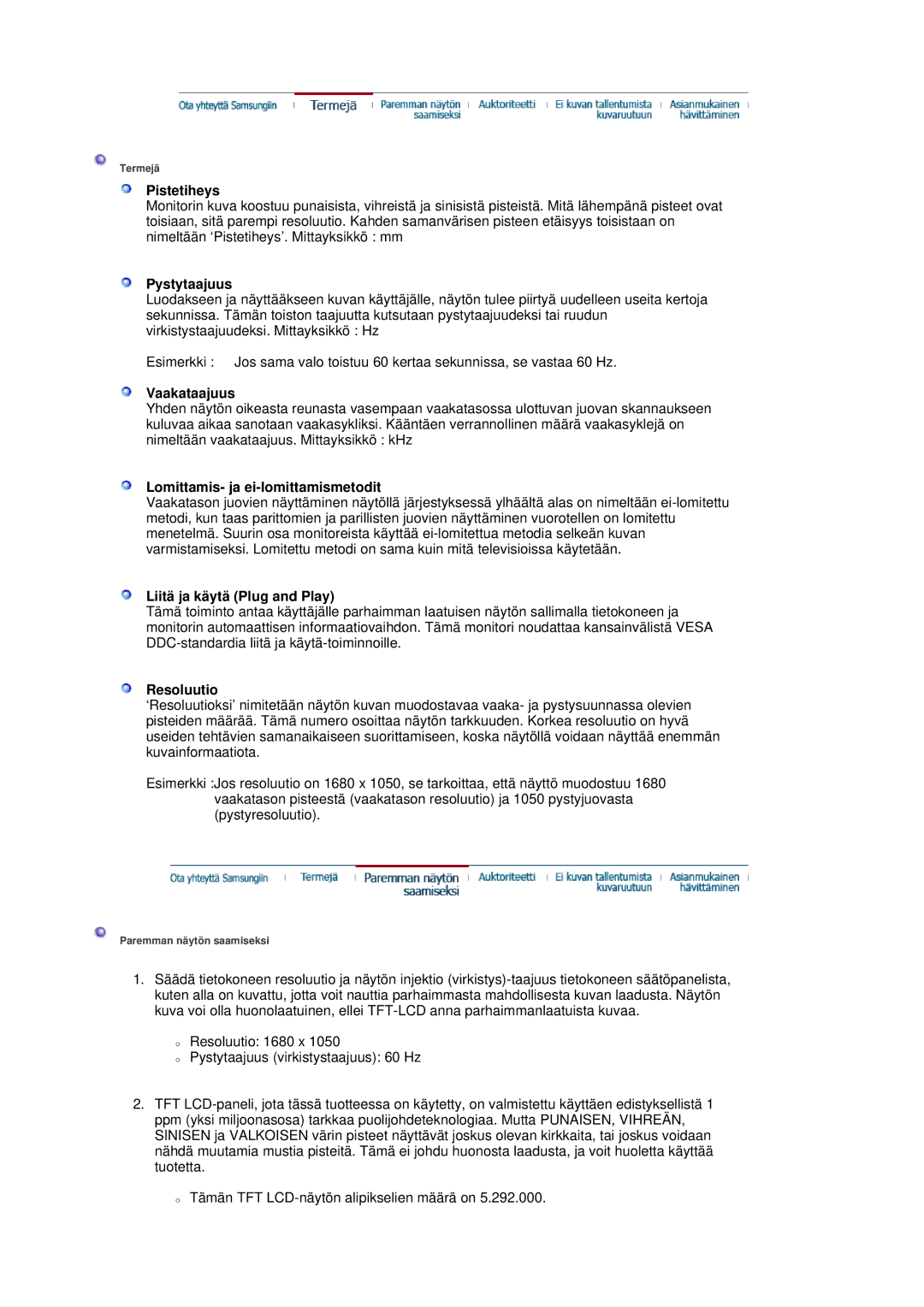 Samsung LS20HAWCSZ/EDC manual Pistetiheys, Pystytaajuus, Vaakataajuus, Lomittamis- ja ei-lomittamismetodit, Resoluutio 