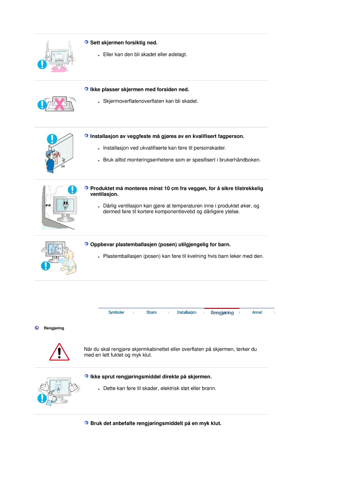 Samsung LS20HAWCSZ/EDC, LS20HAWCSQ/EDC manual Sett skjermen forsiktig ned, Ikke plasser skjermen med forsiden ned 