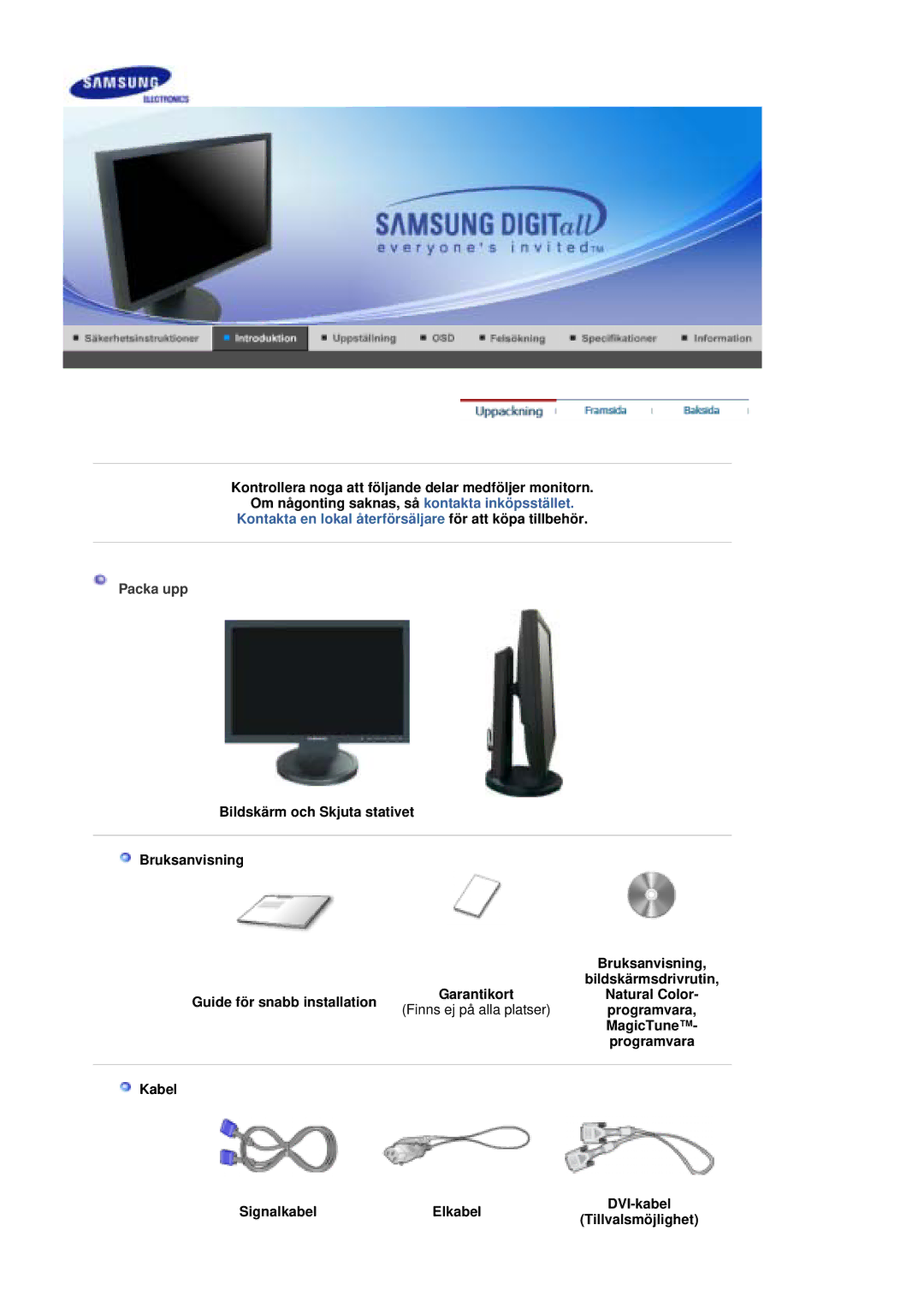 Samsung LS20HAWCSQ/EDC manual Packa upp, Programvara, MagicTune, Kabel SignalkabelElkabelDVI-kabelTillvalsmöjlighet 