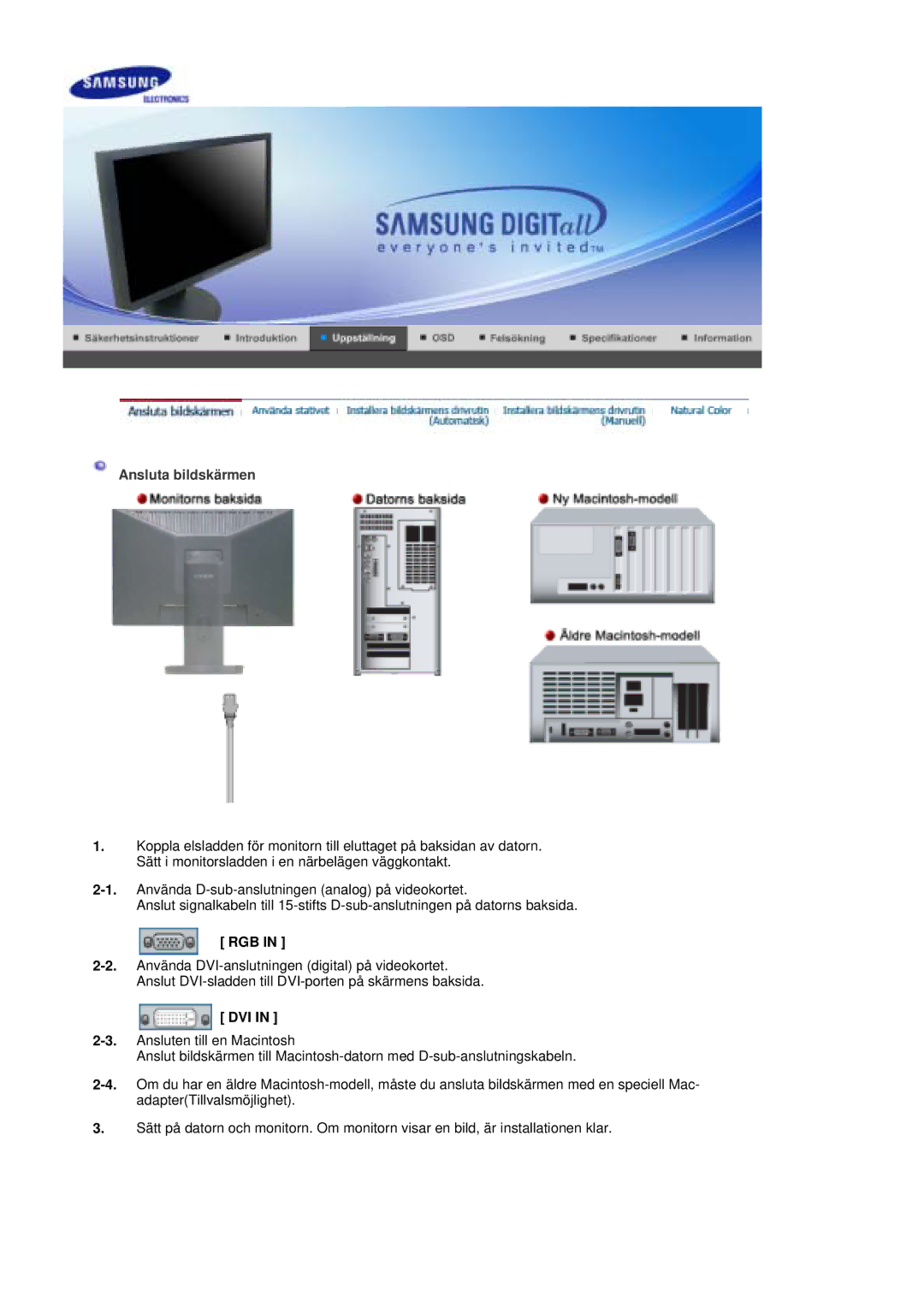 Samsung LS20HAWCSZ/EDC, LS20HAWCSQ/EDC manual Ansluta bildskärmen, Rgb, Dvi 