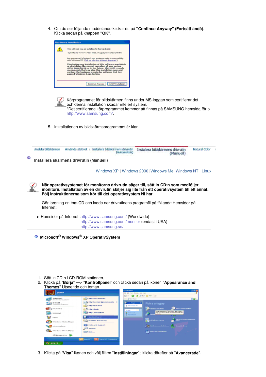 Samsung LS20HAWCSQ/EDC, LS20HAWCSZ/EDC manual Installera skärmens drivrutin Manuell, Microsoft Windows XP OperativSystem 
