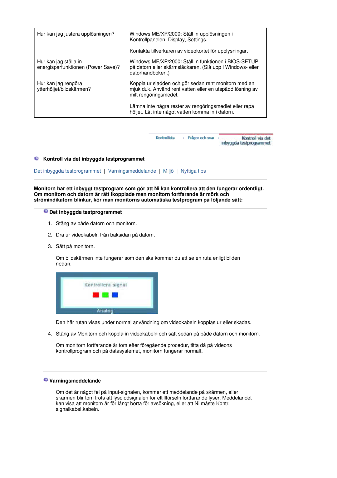 Samsung LS20HAWCSZ/EDC, LS20HAWCSQ/EDC manual Kontroll via det inbyggda testprogrammet, Varningsmeddelande 