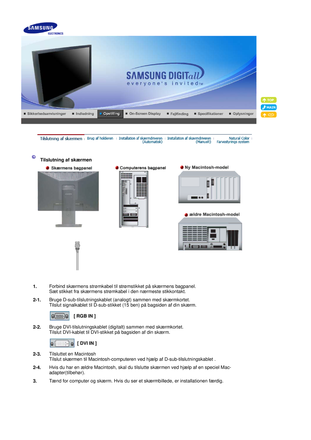 Samsung LS20HAWCSQ/EDC, LS20HAWCSZ/EDC manual Tilslutning af skærmen, Rgb, Dvi 