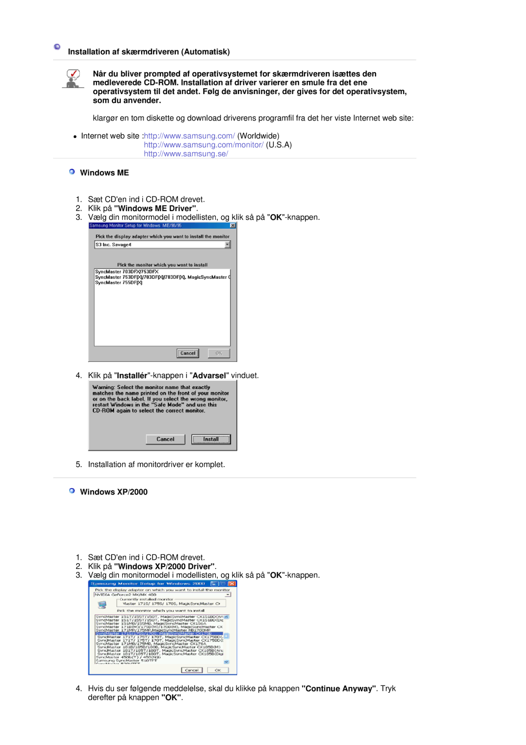 Samsung LS20HAWCSQ/EDC, LS20HAWCSZ/EDC manual Klik på Windows ME Driver, Klik på Windows XP/2000 Driver 