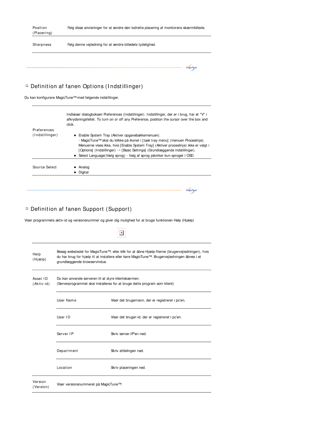 Samsung LS20HAWCSQ/EDC, LS20HAWCSZ/EDC manual Definition af fanen Options Indstillinger 