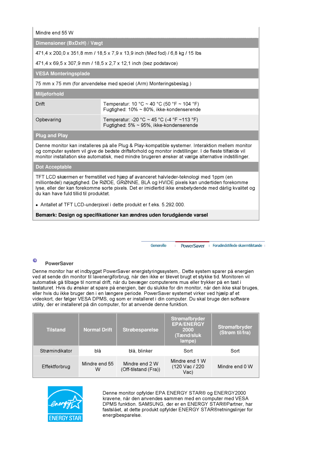 Samsung LS20HAWCSQ/EDC Dimensioner BxDxH / Vægt, Vesa Monteringsplade, Miljøforhold, Plug and Play, Dot Acceptable, Lampe 