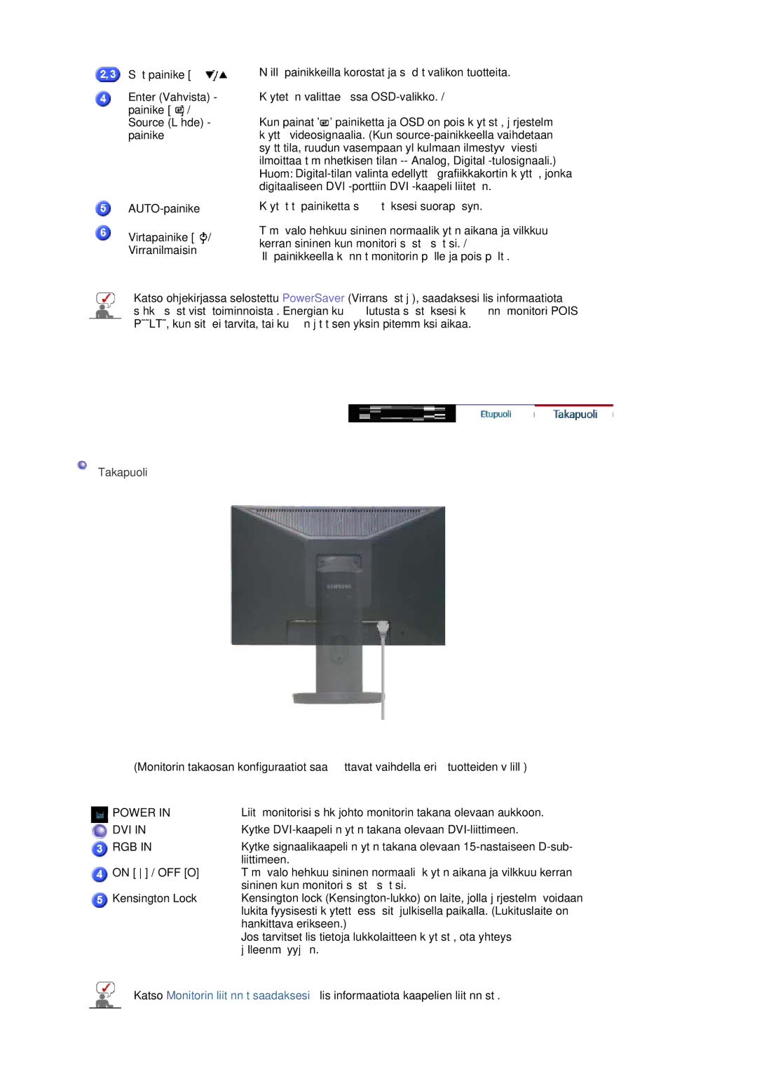 Samsung LS20HAWCSQ/EDC, LS20HAWCSZ/EDC manual Takapuoli, On / OFF O, Kensington Lock, Jälleenmyyjään 