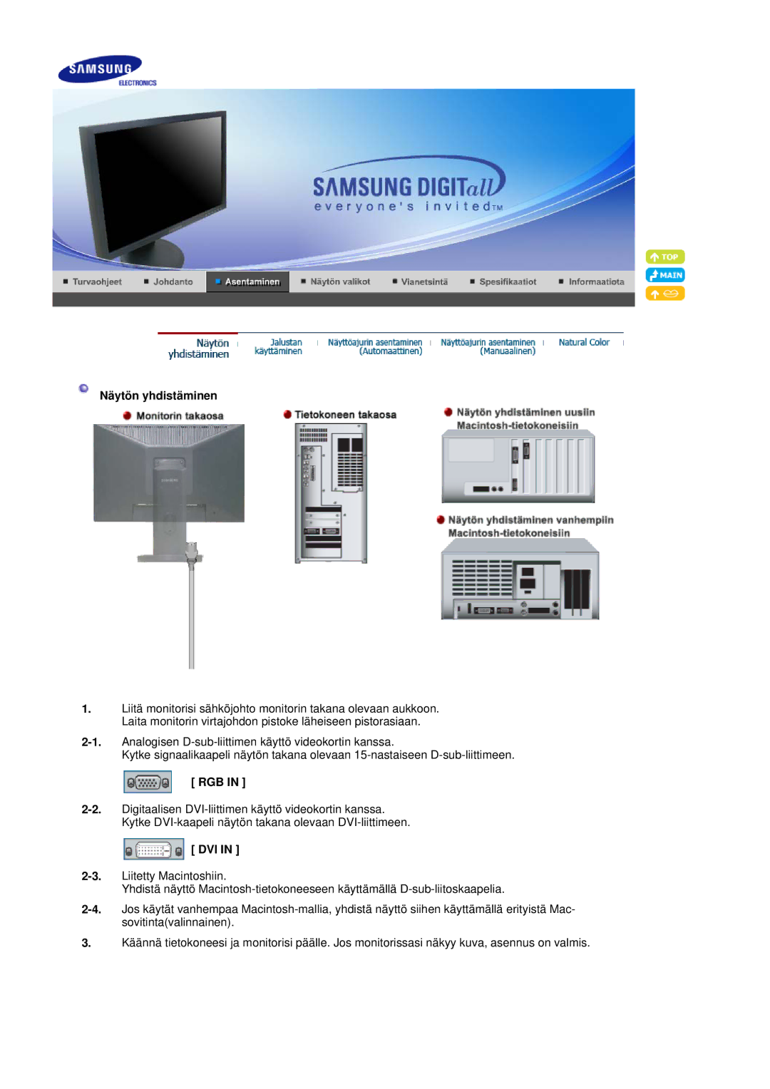 Samsung LS20HAWCSQ/EDC, LS20HAWCSZ/EDC manual Näytön yhdistäminen, Rgb, Dvi 