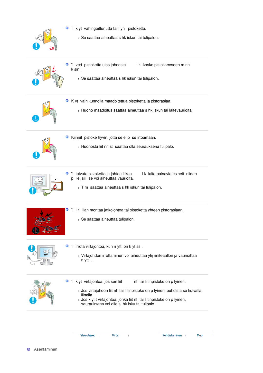 Samsung LS20HAWCSZ/EDC Älä käytä vahingoittunutta tai löyhää pistoketta, Älä irrota virtajohtoa, kun näyttö on käytössä 