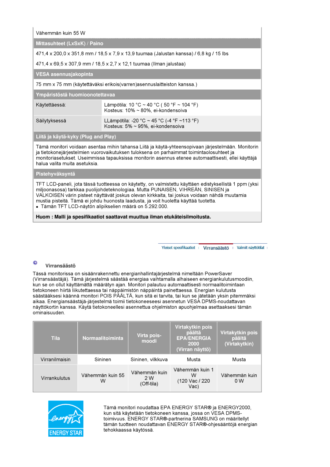 Samsung LS20HAWCSQ/EDC Mittasuhteet LxSxK / Paino, Vesa asennusjakopinta, Ympäristöstä huomioonotettavaa, Pistehyväksyntä 