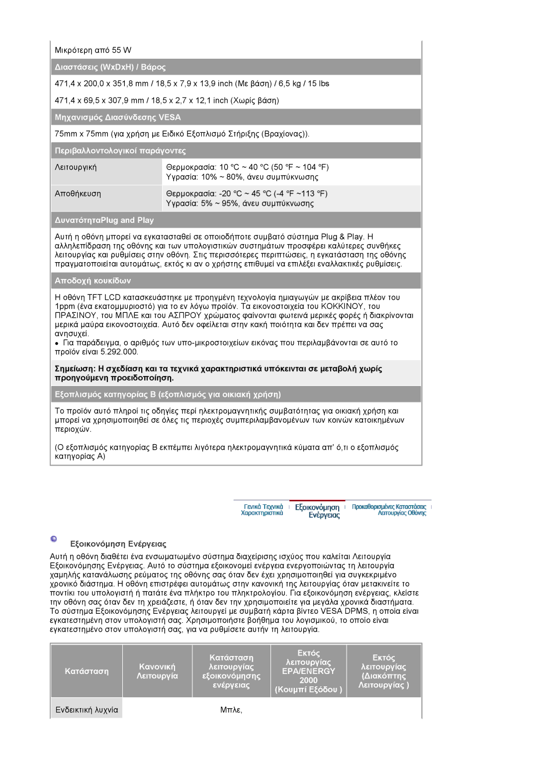 Samsung LS20HAWCSZ/EDC, LS20HAWCSQ/EDC manual Εξοικονόµηση Ενέργειας, Μπλε 