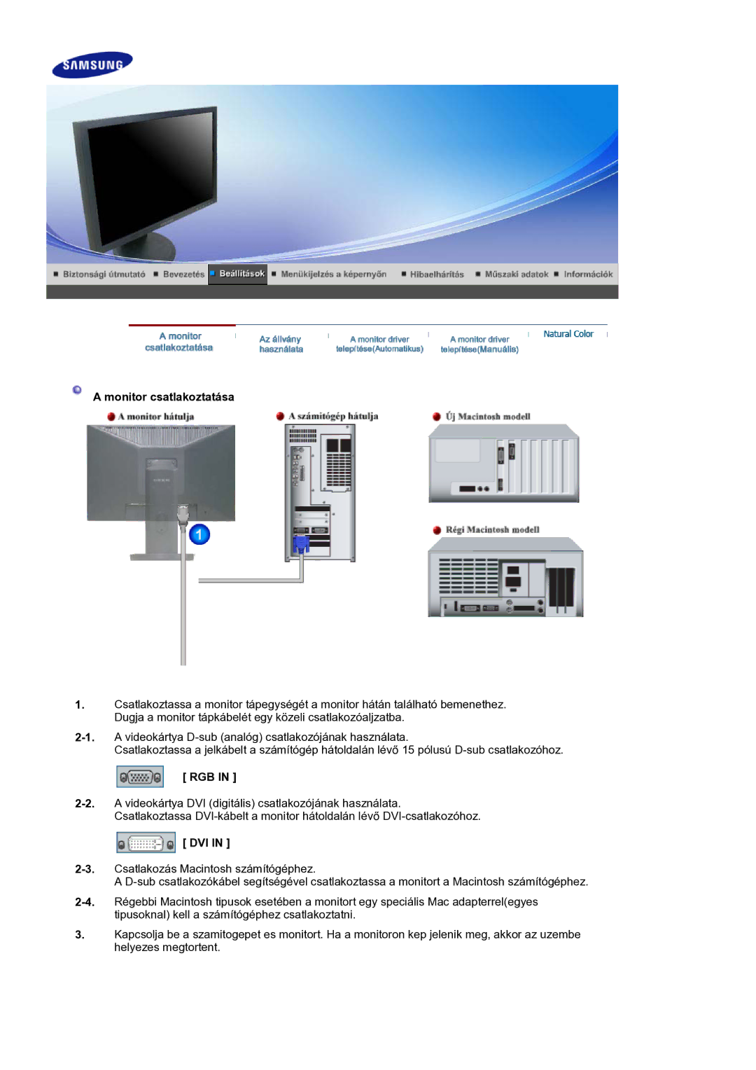 Samsung LS20HAWCSQ/EDC, LS20HAWCSZ/EDC manual Monitor csatlakoztatása, Rgb, Dvi 