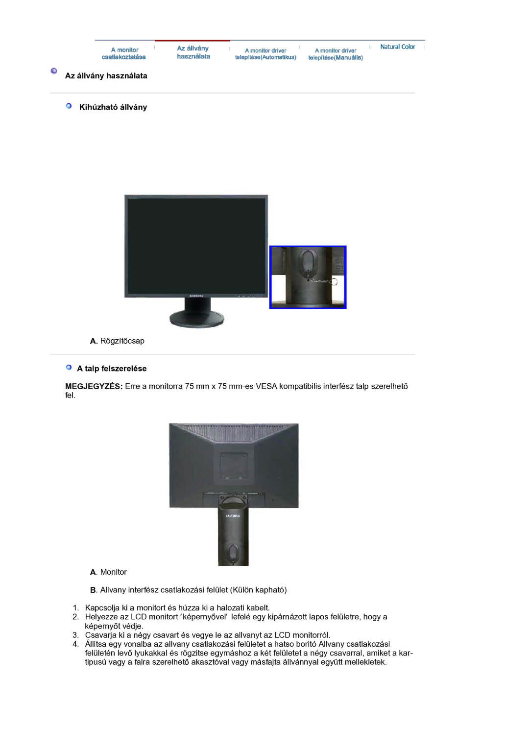 Samsung LS20HAWCSZ/EDC, LS20HAWCSQ/EDC manual Az állvány használata Kihúzható állvány, Talp felszerelése 