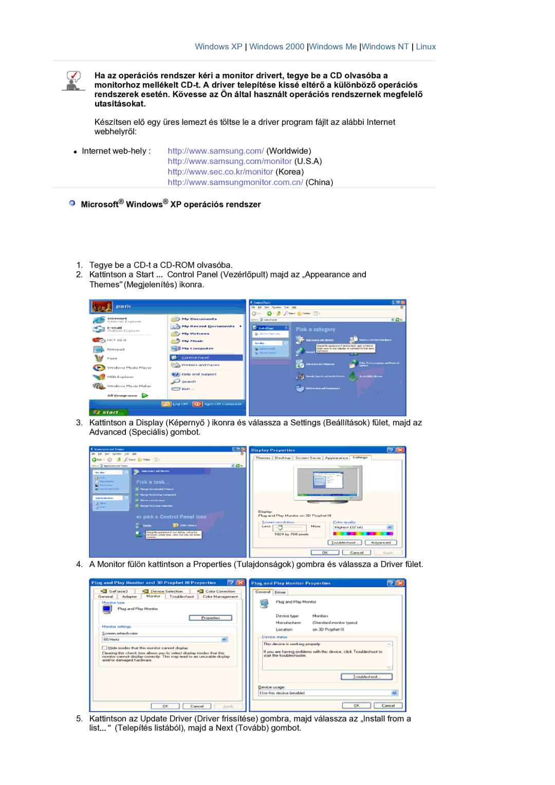 Samsung LS20HAWCSZ/EDC, LS20HAWCSQ/EDC manual Microsoft Windows XP operációs rendszer 