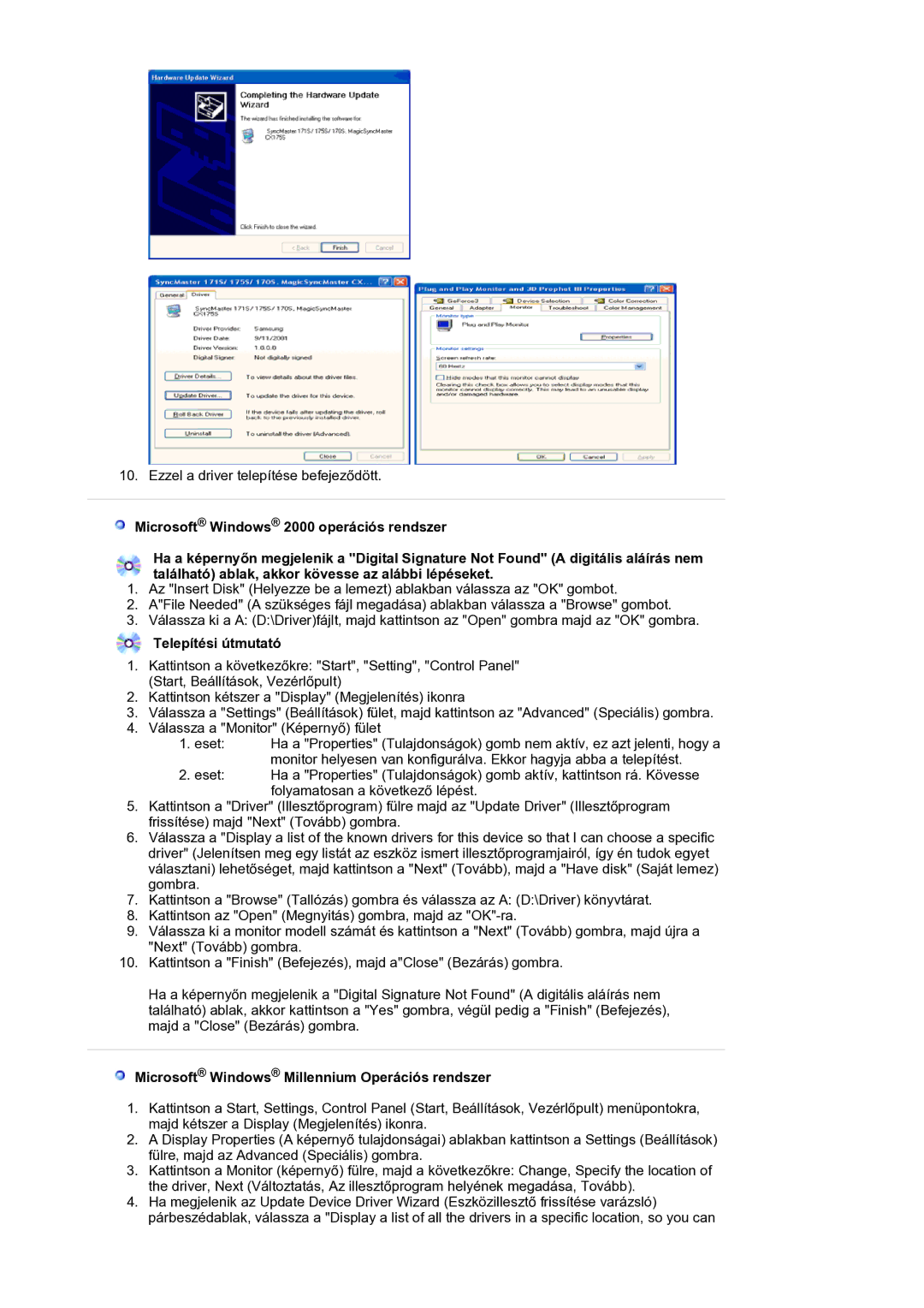 Samsung LS20HAWCSZ/EDC, LS20HAWCSQ/EDC manual Telepítési útmutató, Microsoft Windows Millennium Operációs rendszer 