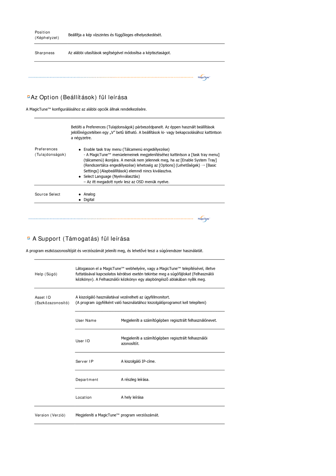 Samsung LS20HAWCSQ/EDC, LS20HAWCSZ/EDC manual Az Option Beállítások fül leírása 